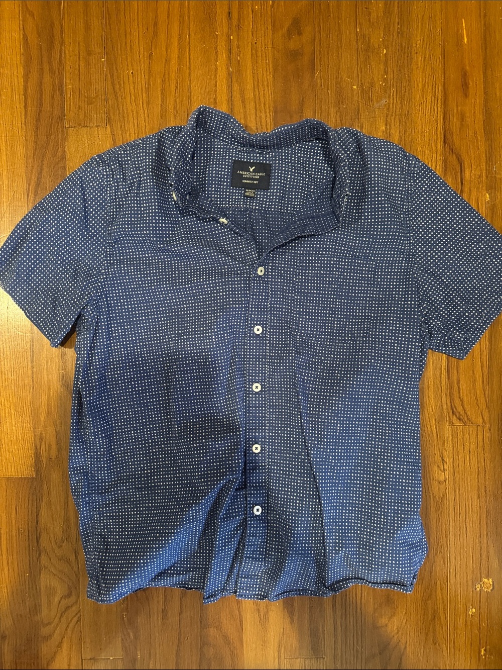 American Eagle Outfitters Navy Short-Sleeve Button-Down with White Dot Print